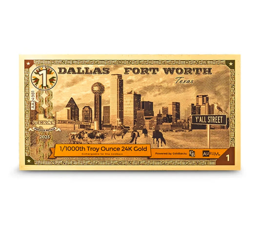 1/1000th Fort Worth Texas 999 24k Gold note